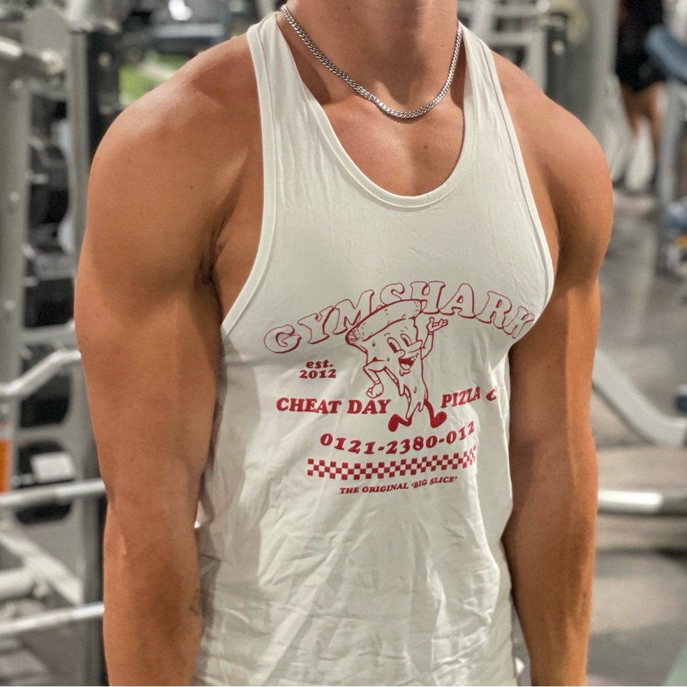 GYMSHARK TANK TOP SHIRT PIZZA COMPANY CHEAT DAY 2012 THE ORIGINAL BIG SLICE JOCK